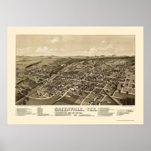 Pôster Greenville, mapa panorâmico de TX - 1886