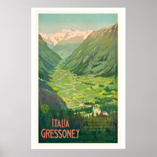 Poster Gressoney Itália Ferrovia Estatal Italiana Vintage