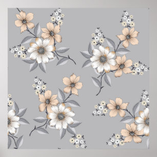 Poster grey and white flower Pattern on grey backgroundde