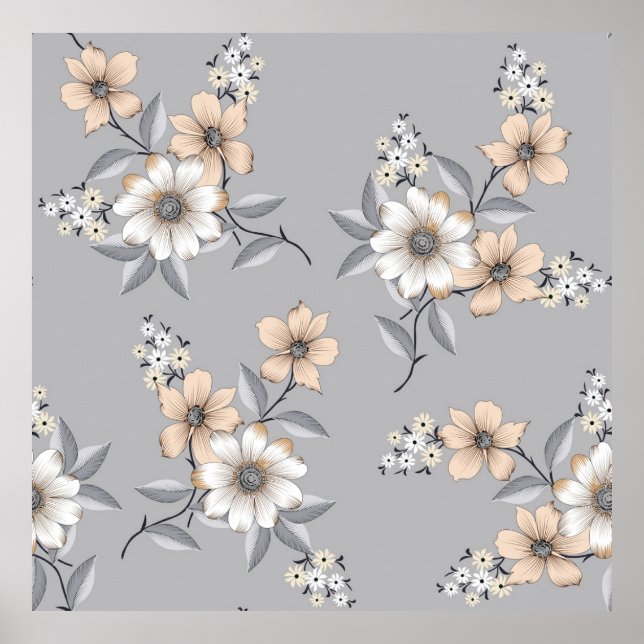 Poster grey and white flower Pattern on grey backgroundde (Frente)