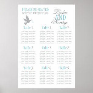 Pôster Grey dove aqua blue wedding seating table plan 1-9
