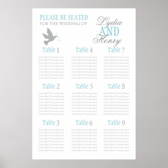 Pôster Grey dove aqua blue wedding seating table plan 1-9 (Frente)