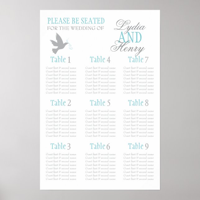 Pôster Grey dove aqua blue wedding seating table plan 1-9 (Frente)