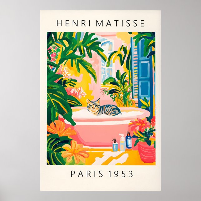 Poster Grey Tabby Cat Bath Art Print Matisse Style (Frente)