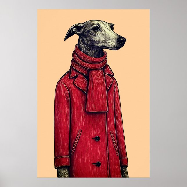 Poster Greyhound in Winter Red Coat, Stylized Drawing (Frente)