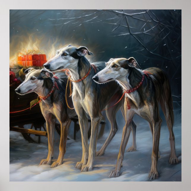 Poster Greyhound Snowy Sleigh Decência de Natal (Frente)
