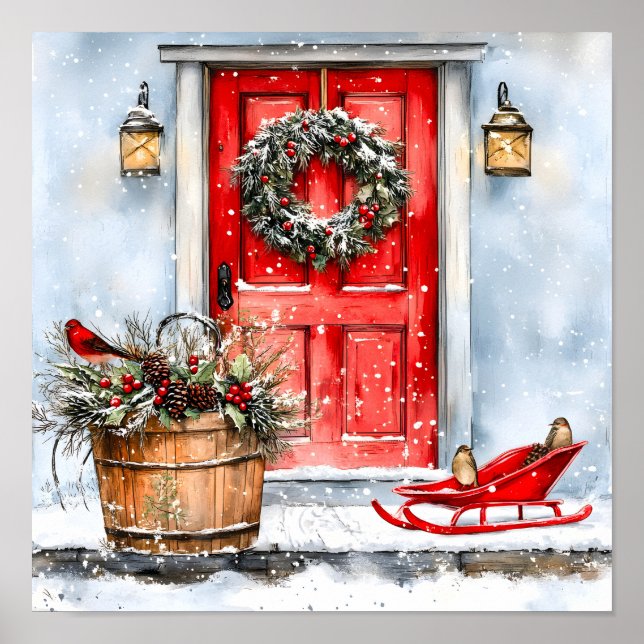 Poster Grinalda de Natal Vermelha de Inverno Rústica Vint (Frente)