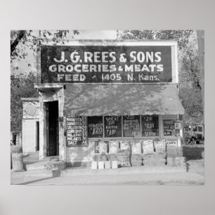 Poster Grocery & Feed Store, 1938. Vintage Photo