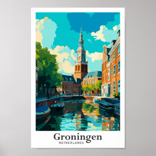Poster Groningen Países Baixos - Viagem Vintage Ilustraçã