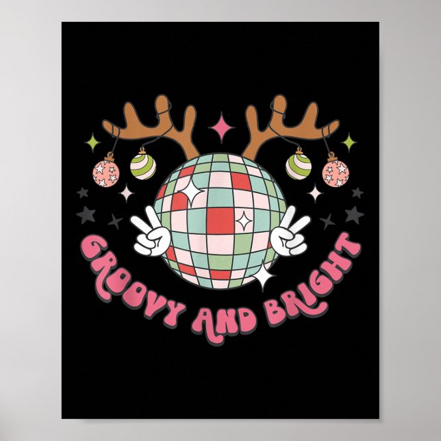 Poster Groovy And Bright Merry Christmas Disco Ball Reind (Frente)