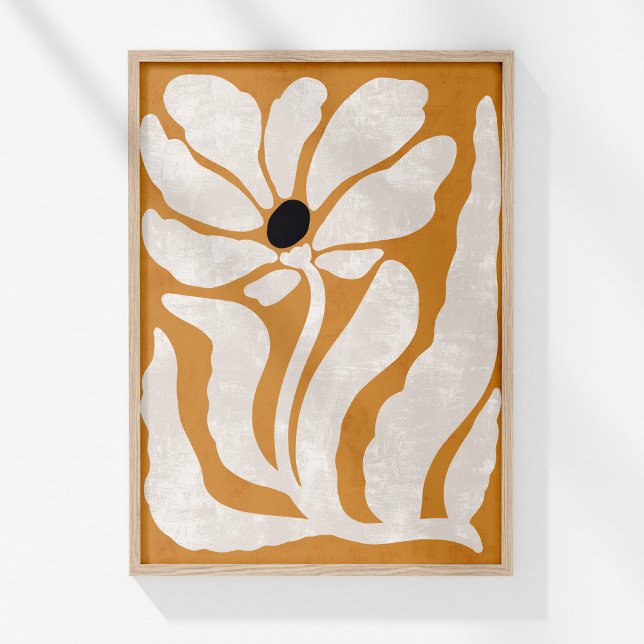 Poster Groovy Burnt Orange Beige Abstrato Flower Wall Art (Boho Burnt Orange Beige Abstract Flower Wall Art in a wooden frame on a sunny white wall.)