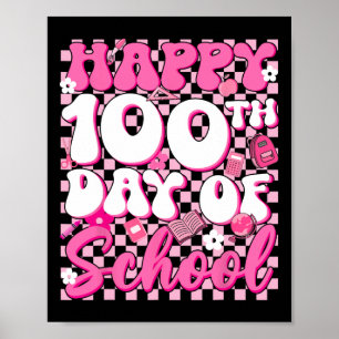 Poster Groovy Checkered Happy 100 Day Of School Girl Ki