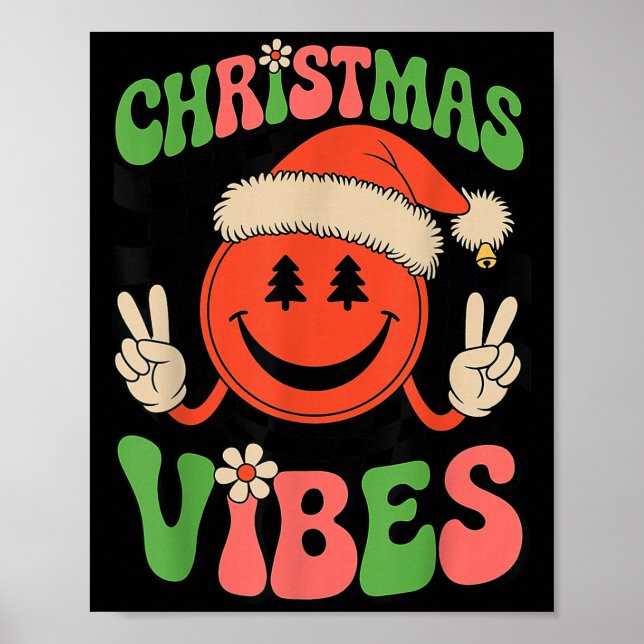 Poster Groovy Christmas Vibes Smile Face Santa Hat Xmas T (Frente)
