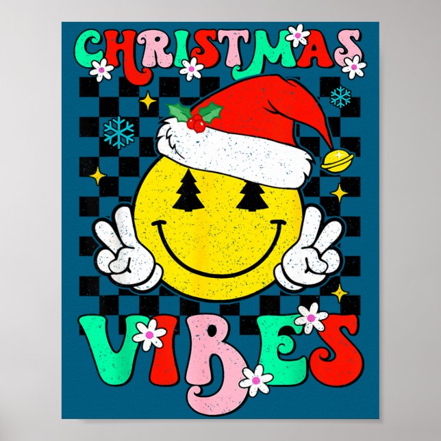 Poster Groovy Christmas Vibes Smile Face Santa Hat Xmas T (Frente)