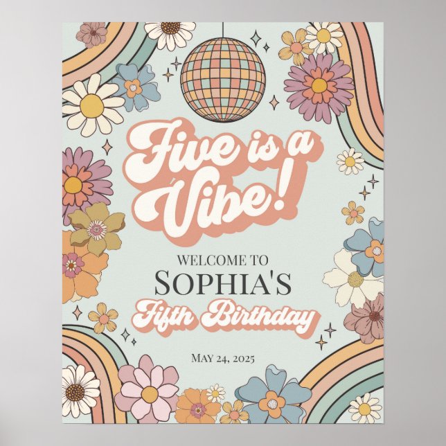 Poster Groovy Floral 5 Birthday - Sinal de Boas-vindas (Frente)