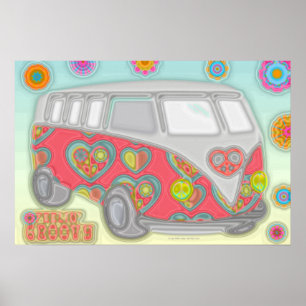 Pôster Groovy Flower Power Van da década de 60 Hippy