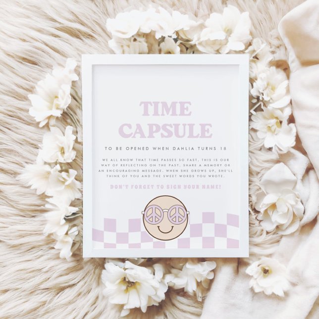 Poster Groovy Girl Checked Happy Face | Cápsula Horária (Criador carregado)