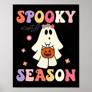 Poster Groovy Halloween Ghost Segurando Pumpkin Spooky Se