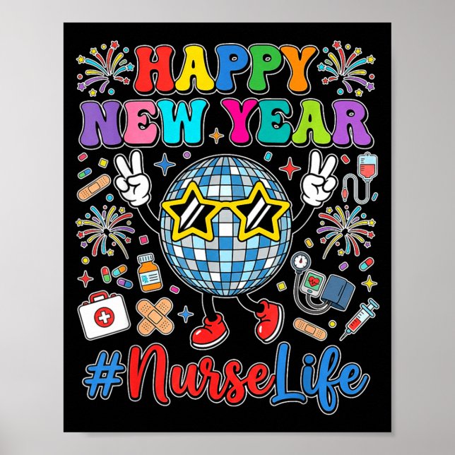 Poster Groovy Happy New Year 2026 Nurse Life Disco Ball F (Frente)