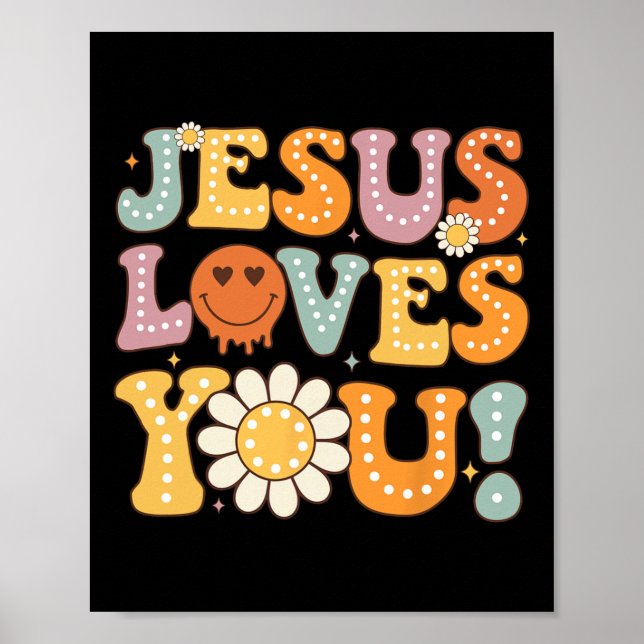 Poster Groovy Jesus ama Vocês Crianças Mulheres Fé Religi (Frente)