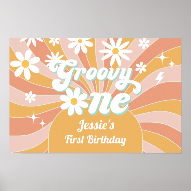 Poster Groovy One Boho Retro Daisy Sunshine primeiro aniv (Frente)