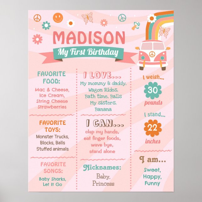 Poster Groovy One Retro Daisy Birthday Sinal de Marco (Frente)