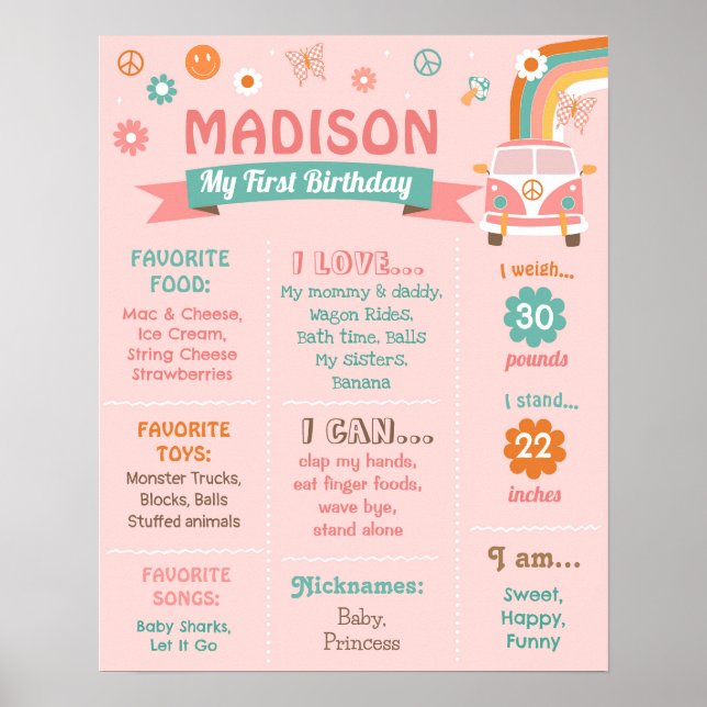 Poster Groovy One Retro Daisy Birthday Sinal de Marco (Frente)