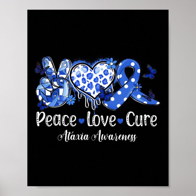 Poster Groovy Peace Love Cure Blue Ribbon Ataxia Awarenes (Frente)