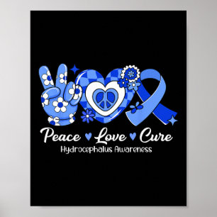 Poster Groovy Peace Love Cure Blue Ribbon Hydrocephalus A