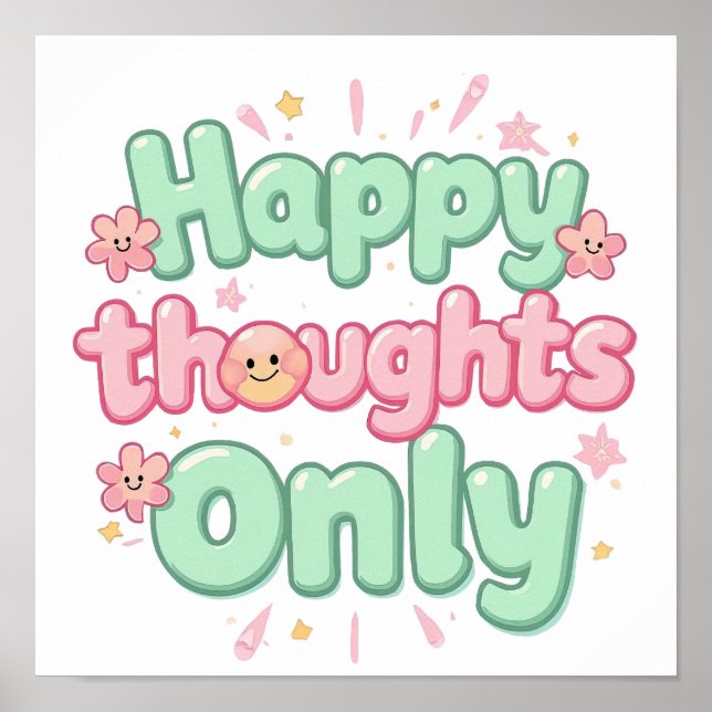 Poster Groovy Pink and Green "Happy Thoughts Only" (Frente)