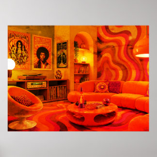 Poster Groovy Retro Living Estilo 1970 Cores Frias Parede