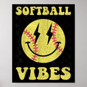 Poster Groovy Softball Vibes sorri Rosto Meninas Mulheres