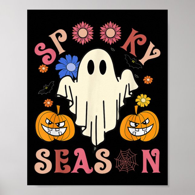 Poster Groovy Spooky Season Cute Ghost Segurando Pumpkin  (Frente)