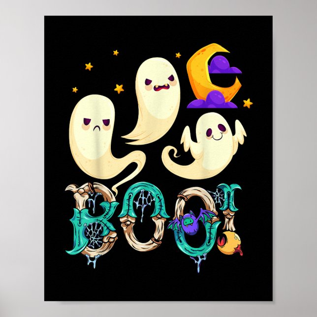 Poster Groovy Spooky Season Cute Ghost Segurando Pumpkin  (Frente)