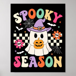 Poster Groovy Spooky Season Retro Ghost Segurando Pumpkin