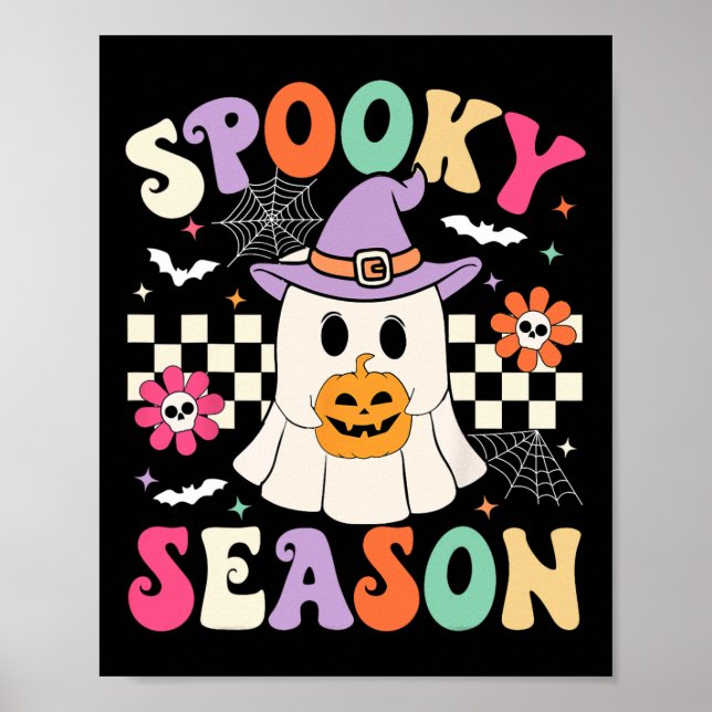 Poster Groovy Spooky Season Retro Ghost Segurando Pumpkin (Frente)