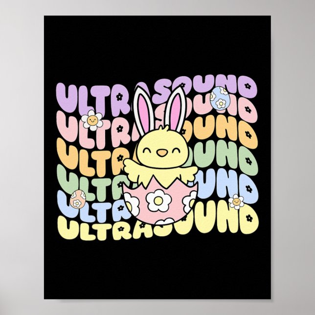 Poster Groovy Ultrasound Tech Bunny Pintinho Ovos Páscoa  (Frente)
