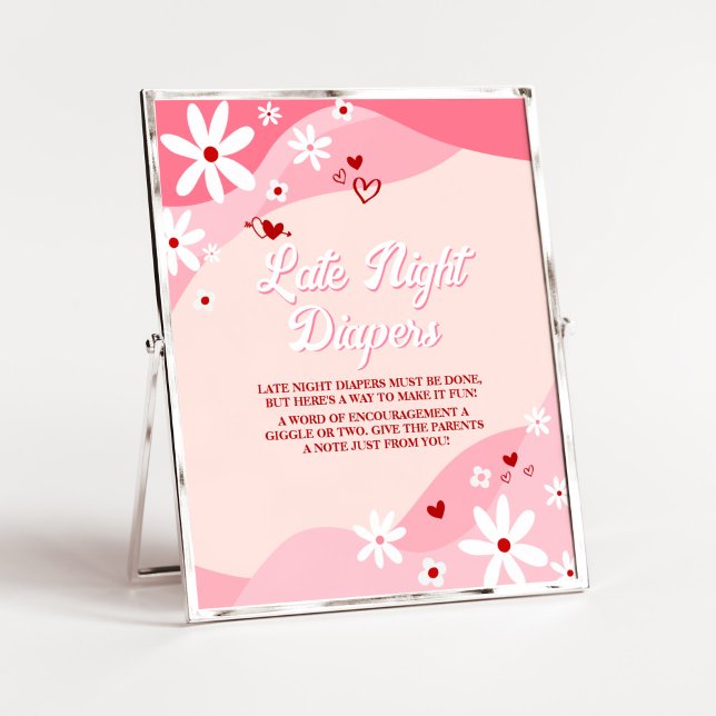 Poster Groovy Valentine Baby Shower Tarde Noite (Retro Sweetheart Baby Shower Late Night Diapers Signs)
