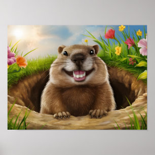 Poster Groundhog Bonito Sorrindo Enquanto Emergindo