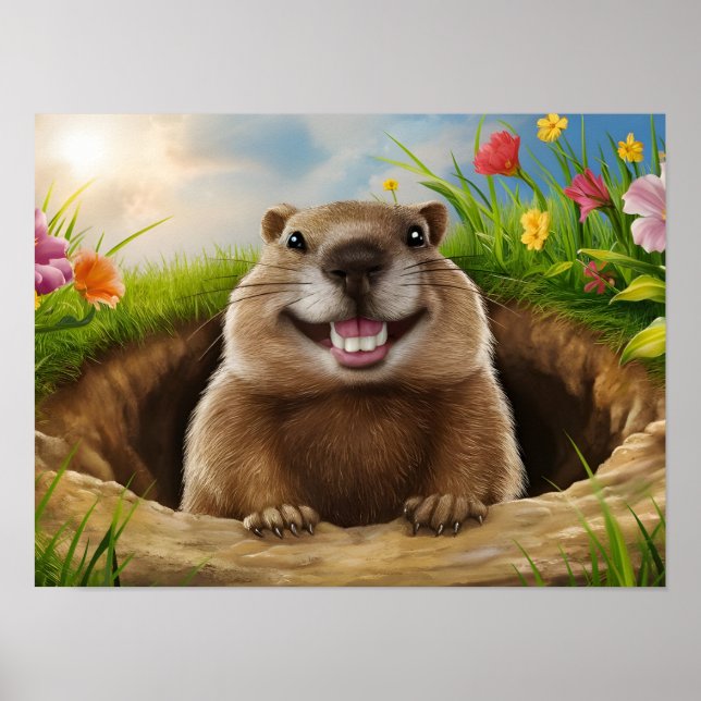 Poster Groundhog Bonito Sorrindo Enquanto Emergindo (Frente)