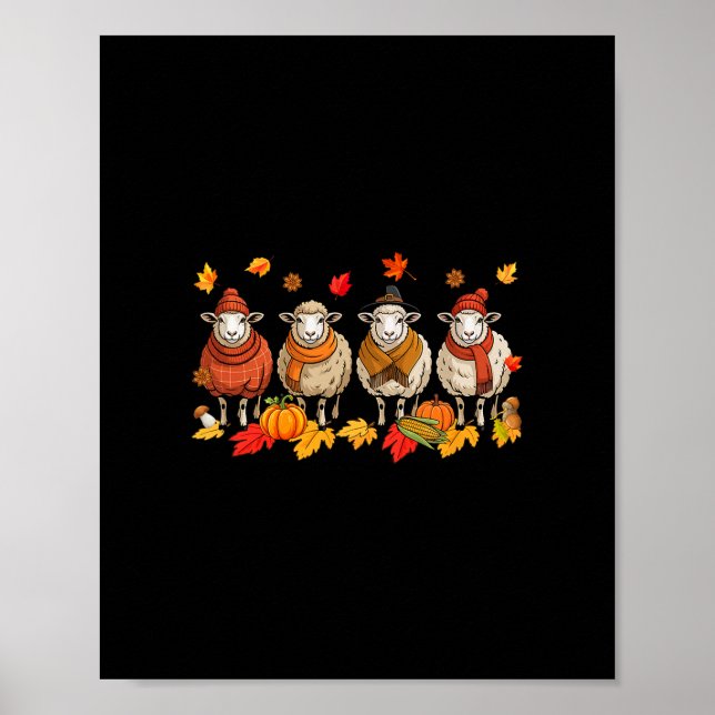Poster Group Sheeps Thanksgiving Fall Leaves Pumpkins Far (Frente)