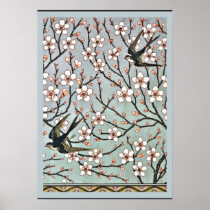 Poster Grua - Flores de Amendoeira e Andorinhas