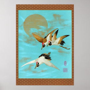 Poster Grua Japonesa Vintage e Arte Azul do Sol Dourado