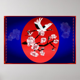 Pôster Grua voadora e Sun (fundo azul-de-meia-noite)