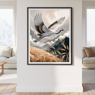 Poster Grua Voadora Elegante Sobre Paisagem de Trigo Dour