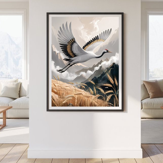 Poster Grua Voadora Elegante Sobre Paisagem de Trigo Dour (Criador carregado)