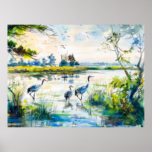 Poster Gruas pelo estilo aquoso do rio Havelland (Frente)