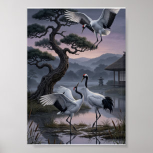 Poster Gruas Sob Pinheiros Estética Oriental Fleece