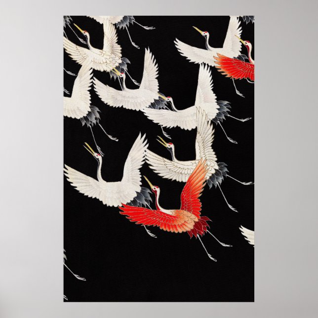 Poster Gruas Voadoras: Arte de Kimono de Pássaros Japones (Frente)