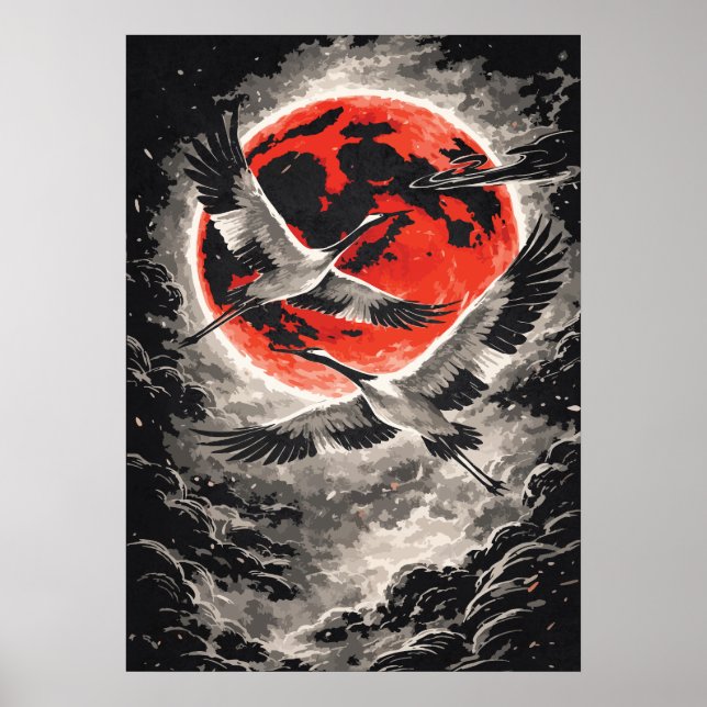 Poster Gruas Voando na Lua Vermelha - Arte Japonesa (Frente)